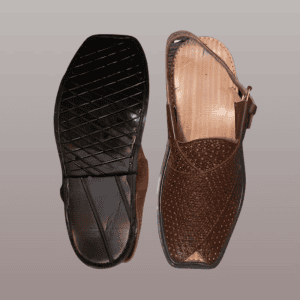 Charsadda Chappal Surakh in dark brown High Kurram, perforated Surakh pattern front view