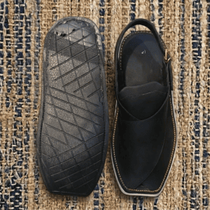 Black Khan Chappal in leather bag material, structured front view