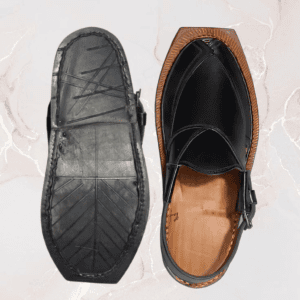 Minimalist black Norozi Chappal in High Kurrum leather, front view