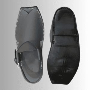 Peshawari Chuha Chappal in ashen grey leather bag, distinctive Chuha design front view