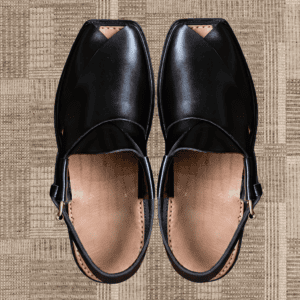 Plain black Sada Peshawari Chappal in High Kurrum leather, front view