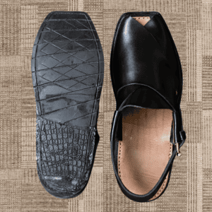 Plain black Sada Peshawari Chappal in High Kurrum leather, front view